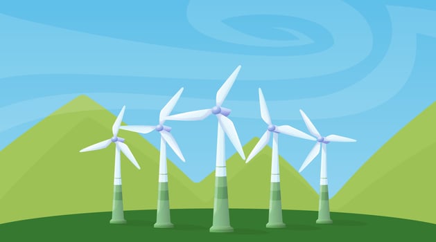 wind turbines alternative energy in the field, environmental protection vector