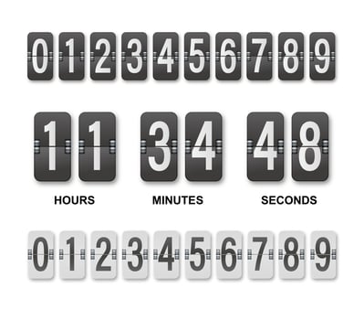 Clock countdown display. Set numbers flip watch. Black and white date counter flip display isolated on white background vector