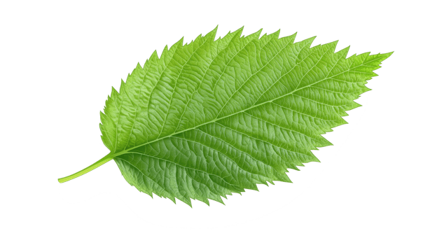 Bright green leaf with pronounced veins and serrated edges in natural condition png