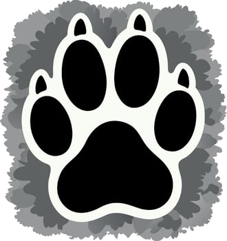 A black and white paw print on a gray background vector