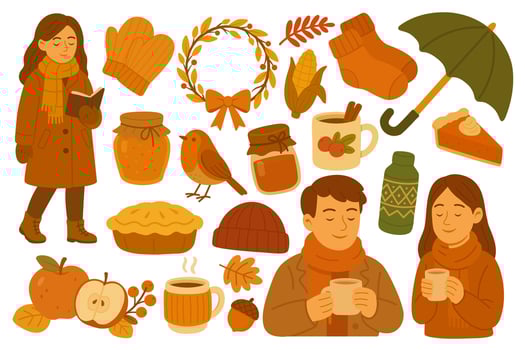 flat doodle set with autumn characters, hot drinks, pies, apples, wreath and clothes. vector