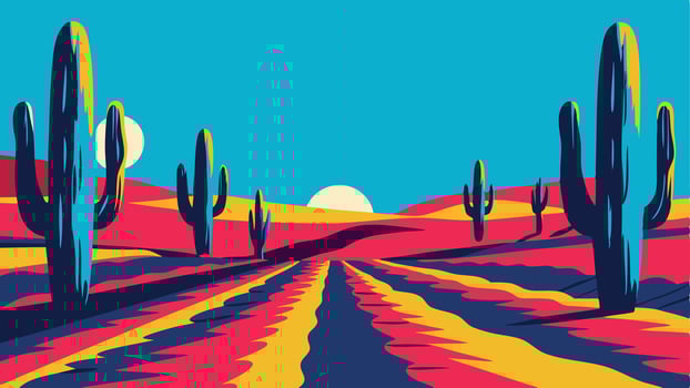 Stylized desert landscape with cacti, sun, and colorful ground and clear blue sky vector