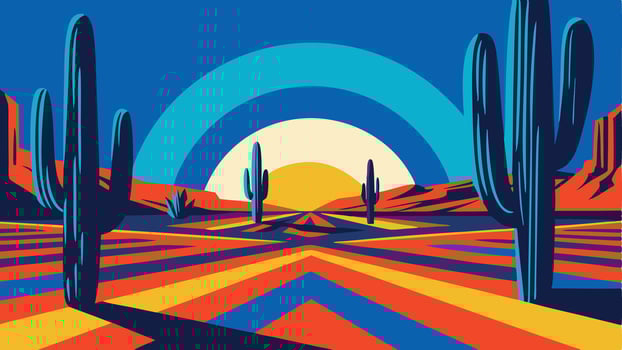 Stylized desert landscape with saguaro cacti under a blue sky and vibrant ground vector
