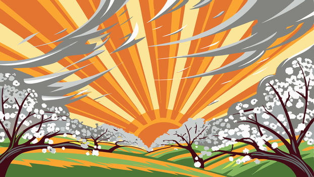 Stylized landscape with blossoming trees, sun rays, and wispy clouds in the sky vector