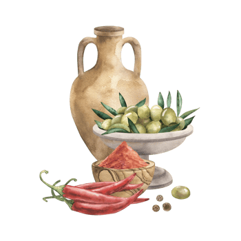 Watercolor illustration of Mediterranean food ingredients. green olives in a bowl, chili peppers, spices, clay amphora, and tomato paste. Rustic kitchen decor, organic cuisine, healthy cooking png