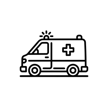 A simple black line drawing depicts an ambulance with a cross symbol on its side and a light on top. cutouts png