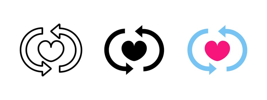 Love loop icon. Red heart surrounded by circular arrows illustration. Symbol of affection, emotional renewal and continuous care in romantic or supportive relationships. vector