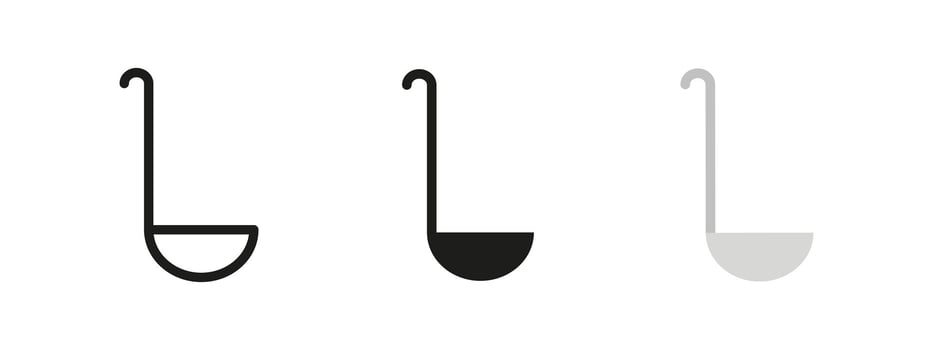 Ladle icon. Deep-bowled kitchen utensil illustration. Long-handled spoon used for serving soups and stews. Cooking and food preparation tool for transferring hot meals from pots to dishes. vector