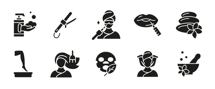 Beauty spa glyph icon set. Cosmetic and wellness black illustration. Skincare, treatment, massage and aesthetic procedures pictograms for salons, self-care and organic beauty routines. vector