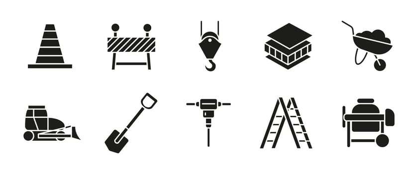 Construction glyph icon set. Building tools and equipment black illustration. Site safety, machinery and repair symbols. Industrial elements for architecture and roadwork design projects. vector