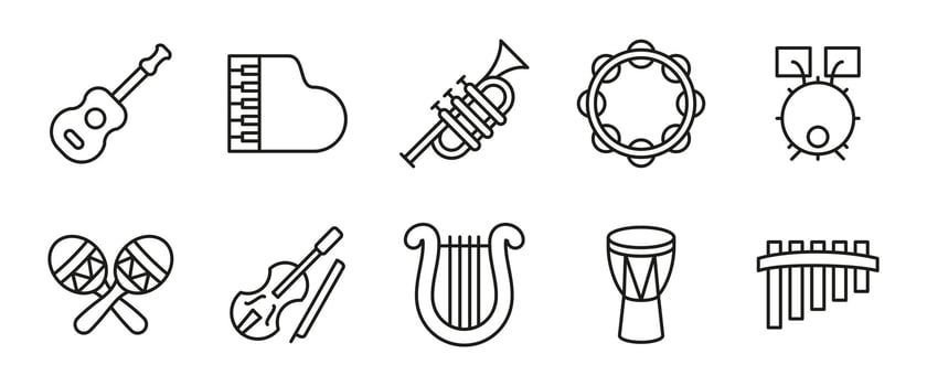 Musical instrument icon set. Line illustrations of guitar, piano, violin, trumpet, drums and more. Music, sound, and performance symbols for bands, concerts, apps and educational resources vector