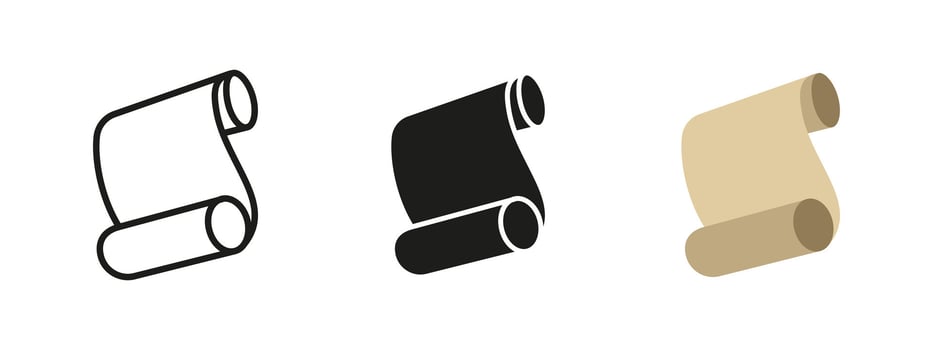 Scroll icon. Curled parchment paper illustration. Symbol of ancient documents, historical records or vintage writing for storytelling, archives or messages. vector