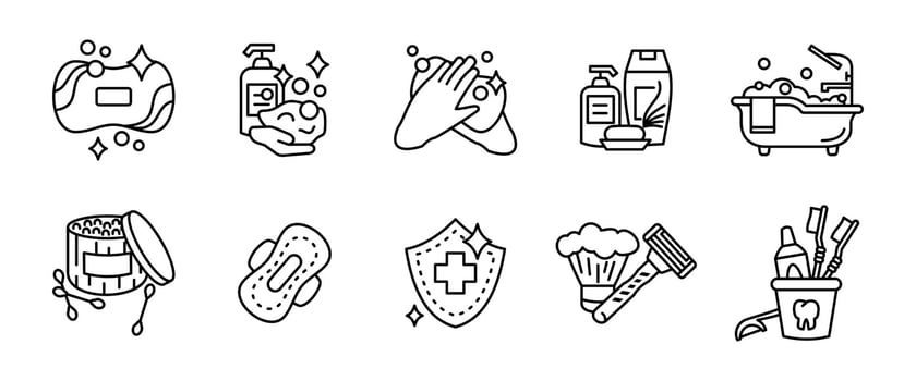 Personal hygiene icon set. Soap, handwashing, toothbrush, skincare products, shaving tools and bath outline accessories. Cleanliness and daily care routine line symbol. Sanitary care pictogram. vector