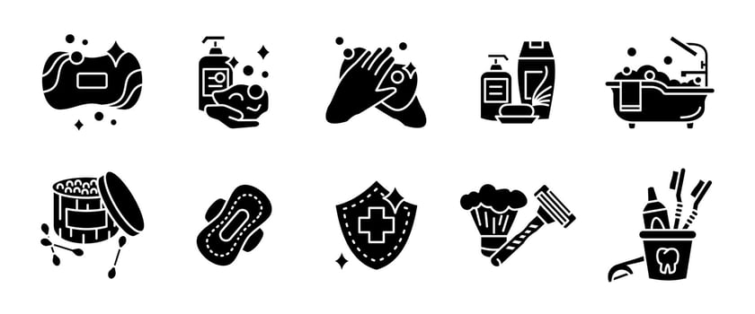 Personal hygiene icon set. Soap, handwashing, toothbrush, skincare products, shaving tools and bath glyph accessories. Cleanliness and daily care routine black symbol. Sanitary care pictogram. vector