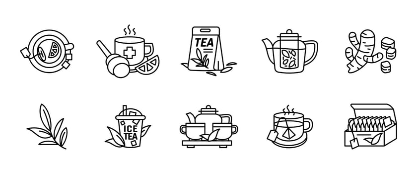 Tea icon set. Collection of outline tea elements like teacup, teapot, teabag, herbs, lemon, ginger and honey illustration. Herbal infusion and hot drink symbol. Healthy beverage and wellness sign. vector