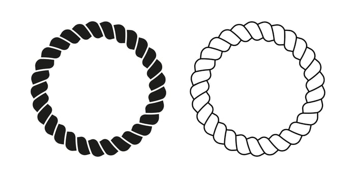 Round black and white round rope frames. Circles of cord, thread or cable, twine or jute isolated on white background. Design elements on maritime, yacht nautical theme. outline illustration vector