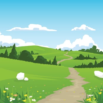 Road Trip Poster square shape. Winding dirt road. Through bright green landscape with hills trees. With flower field in front. Empty space background of blue sky with white clouds. vector