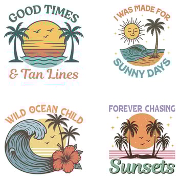 bundle of vintage summer Beach T-Shirt designs, Retro Beach Sunshine illustration, Vintage Summer Beach Sunset design sublimation vector
