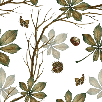Seamless pattern with autumn chestnut leaves, twigs and fruits. Handmade watercolor illustration. Color image. Great for packaging, decor, textiles and wallpaper, for printing, wrapping paper. png