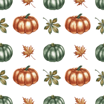 Seamless autumn pattern with pumpkins, leaves and flowers. Handmade watercolor illustration. Color image. For packaging, decor, textiles and wallpaper. As well as for printing, wrapping paper. png