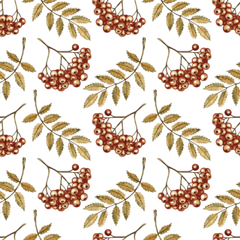 Seamless autumn pattern with berries and leaves of mountain ash. Handmade watercolor illustration. color image. For packaging, decor, textiles, wallpaper, printing and wrapping paper. png