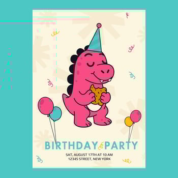 Birthday party invitation with cute pink dragon vector