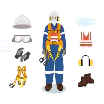 Industrial safety engineer in full PPE with protective equipment icons, workplace safety and personal protection concept. vector