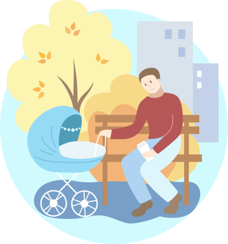 Father with blue baby stroller in the park. Autumn png