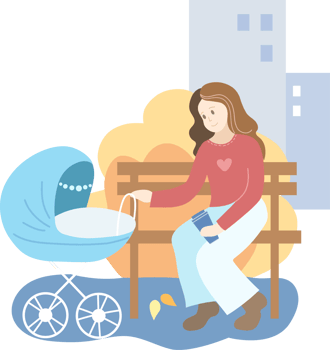 Mother with blue baby stroller in the park. Autumn season. Isolated illustration png