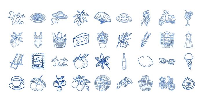 A blue and white image of various food items and objects, including a lemon, a bottle, a bowl, a hat, a fan, a car, a bicycle, a boat, a dress, a bowl, a bottle, a hat vector