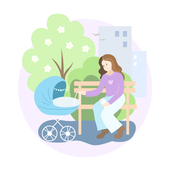 Mother with blue baby stroller in the park. Spring png