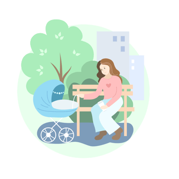 Mother with blue baby stroller in the park. Summer png