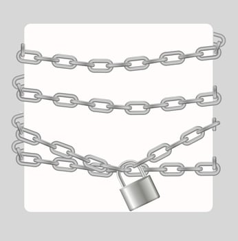 Padlock and chain. Gray metal chain and padlock, handcuffed card, vector