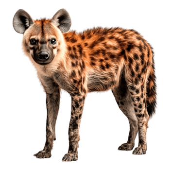 Realistic portrait of a hyena with striking fur patterns and curious expression png