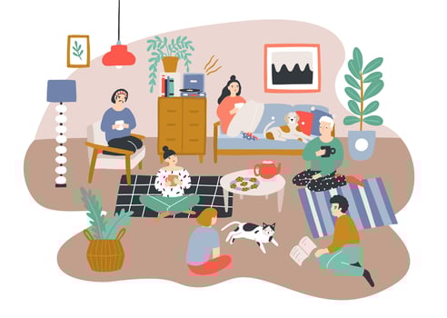 Group of men and women sitting in room furnished in Scandic style and talking to each other. Friends spending time together at home. Friendly visit. Colorful illustration in flat cartoon style. vector