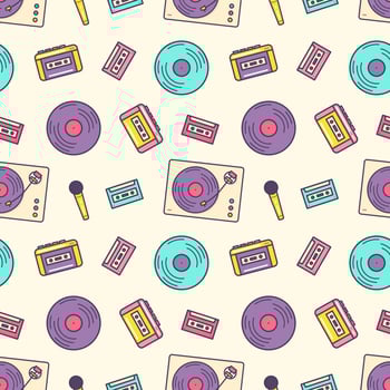 Creative seamless pattern with retro analog music player, cassette recorder, turntable, vinyl disc, microphone on light background. Colorful illustration for wrapping paper, textile print. vector