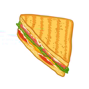 Hand-drawn grilled sandwich filled with cheese, fresh lettuce, tomatoes, and ham. Colorful fast food illustration in cartoon style. vector