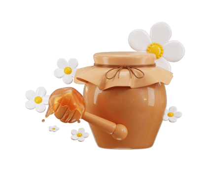 Honey dripping from dipper sticks with honey jar icon with flower icon 3d render png
