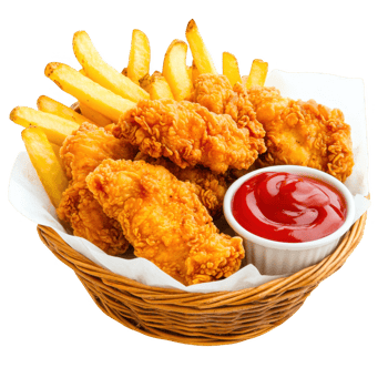 Chicken fries and ketchup in basket on transparent background png