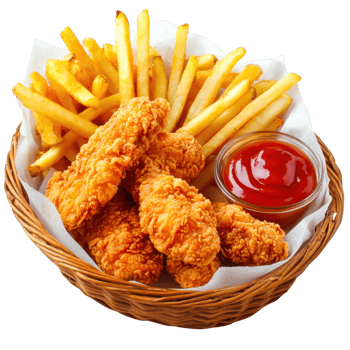 Chicken fries and ketchup in basket sauce on transparent background png