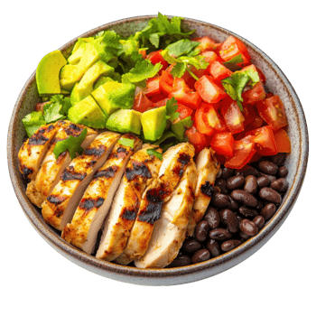 Chicken bowl with avocado and tomato on transparent background png
