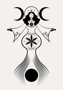 The pregnant goddess, magical triple moon, priestess. Flower of life symbol. Gothic Witch wiccan woman sacred design, moon phases. Mystical Hekate, mythology, isolated on white background vector