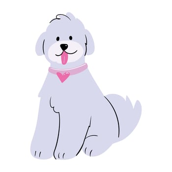Cute South Russian Shepherd Dog doodle illustration. Fluffy white dog with tongue out and heart collar, cartoon style and friendly look. Perfect for pet themed designs, kids decor vector
