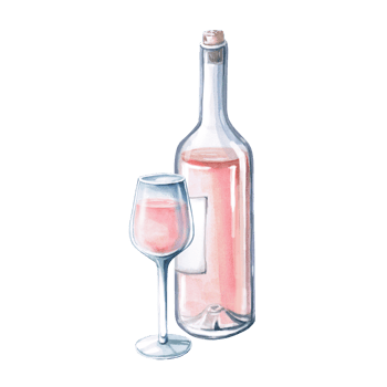 Partial bottle of rose wine and glass. Isolated watercolor illustration for restaurant menu design, summer parties. png