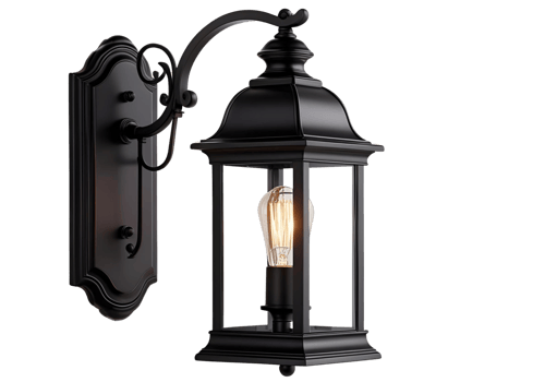 Vintage black wall lantern with glass panels and glowing bulb. png