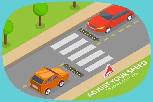3D Isometric Flat Illustration of Safety Car Driving Rules, Speed Bump Ahead Warning Sign vector