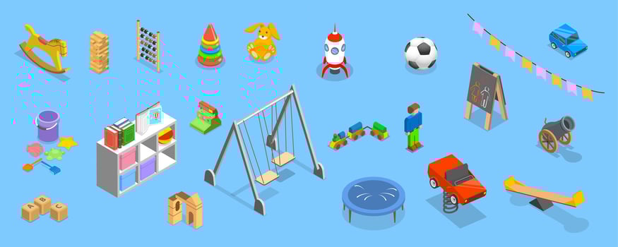 3D Isometric Flat Set of Kindergarten, Classroom of Nursery School vector