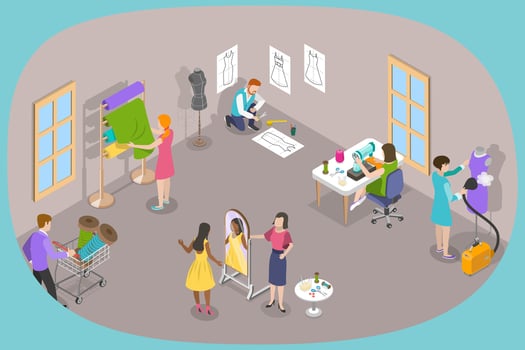 3D Isometric Flat Illustration of Fashion Atelier Workers, Interior of Dressmaking Workshop vector