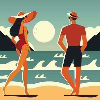Couple on the beach in summer mid century modern flat illustration. vector