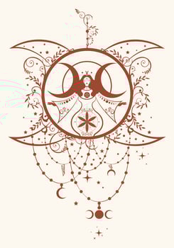 The pregnant goddess, magical triple moon, priestess. Flower of life symbol. Gothic Witch wiccan woman sacred design, moon phases. Mystical Hekate, mythology isolated, boho style background vector